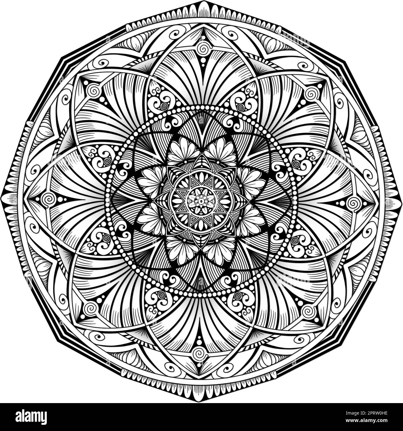 Motif Mandala monochrome. Henné, Tattoo Background. Conception traditionnelle. Banque D'Images