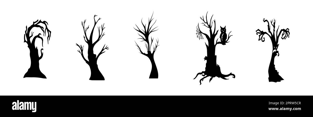 Collection de 5 arbres d'halloween sombres sur fond blanc - illustration vectorielle Banque D'Images