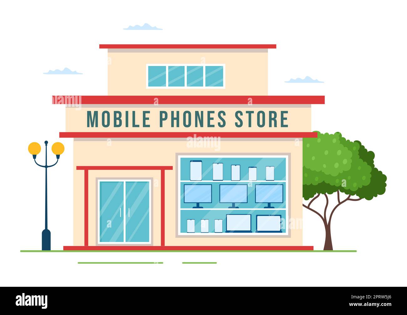 Modèle de magasin de téléphone portable dessin main dessin animé dessin animé dessin animé Illustration plate avec des modèles de téléphones, des tablettes, des gadgets de vente au détail, d'autres appareils et accessoires Banque D'Images