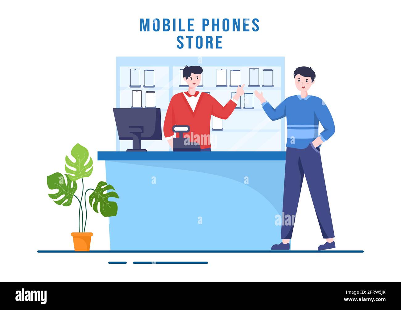 Modèle de magasin de téléphone portable dessin main dessin animé dessin animé dessin animé Illustration plate avec des modèles de téléphones, des tablettes, des gadgets de vente au détail, d'autres appareils et accessoires Banque D'Images