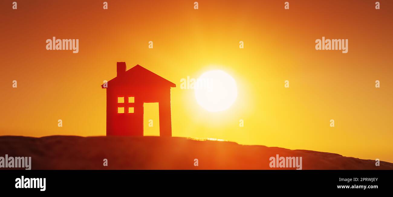 Modèle d'une maison debout sur le sol le soir du coucher du soleil. Banque D'Images