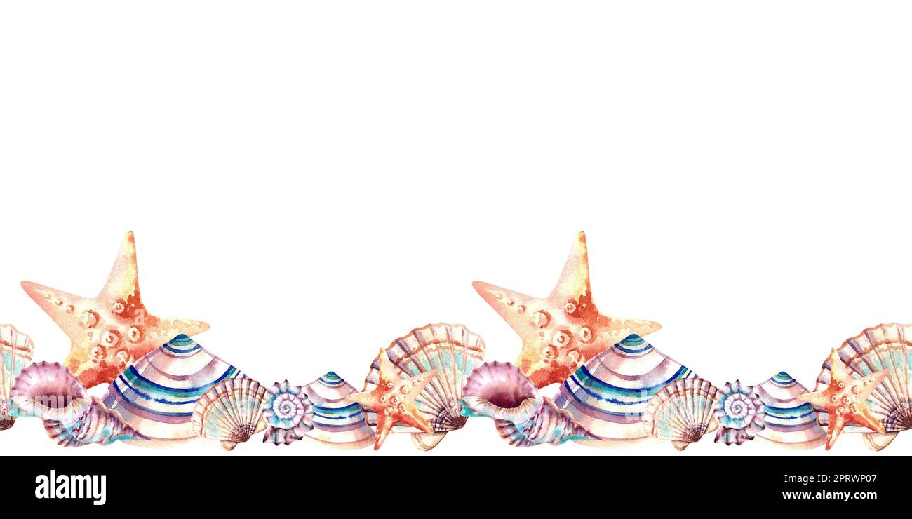 Bordure sans couture en animaux marins, coquillages et étoiles. Illustration aquarelle sur un arrière-plan isolé. Monde sous-marin. Les habitants de la Banque D'Images