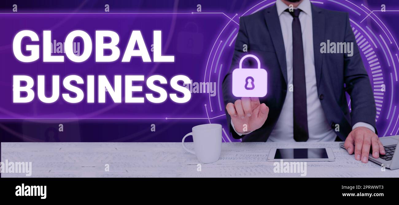 Affiche présentant Global BusinessTrade et le système commercial d'une entreprise dans le monde entier. Vitrine commerciale système commercial et commercial une entreprise qui fait à travers le monde Banque D'Images
