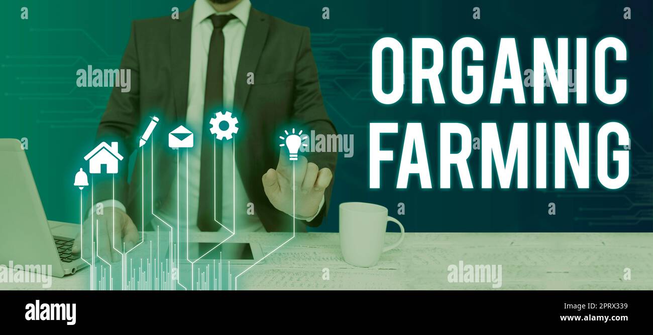 Affiche présentant le système agricole intégré Organic Farmingan qui s'efforce de la durabilité. Concept signifiant un système agricole intégré qui s'efforce de garantir la durabilité Banque D'Images Affiche présentant le système agricole intégré Organic Farmingan qui s'efforce de la durabilité. Concept signifiant un système agricole intégré qui s'efforce de garantir la durabilité Banque D'Images