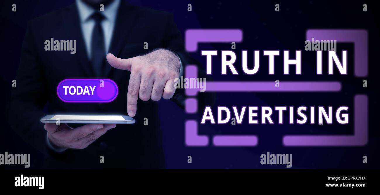 Légende du texte Présentation de la vérité dans la publicité, pratique de l'approche commerciale Publicité honnête propagande publicitaire Banque D'Images