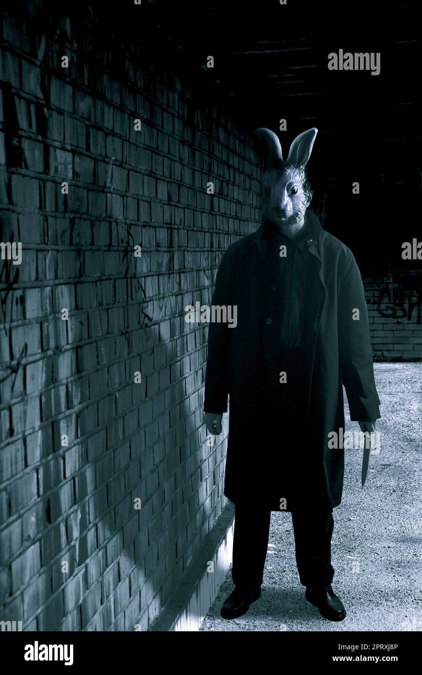 homme mystérieux avec un long manteau et un masque de lapin près d'un mur, un couteau en main Banque D'Images