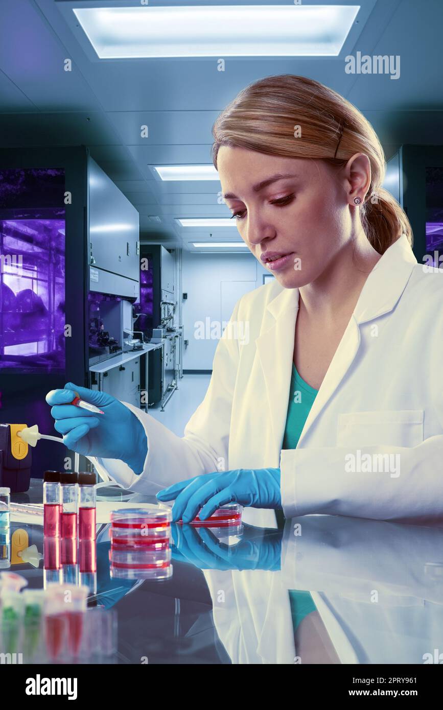 Une scientifique, biologiste, biochimiste caucasienne travaille dans un laboratoire de recherche, un laboratoire pharmaceutique et un centre de recherche universitaire. Banque D'Images