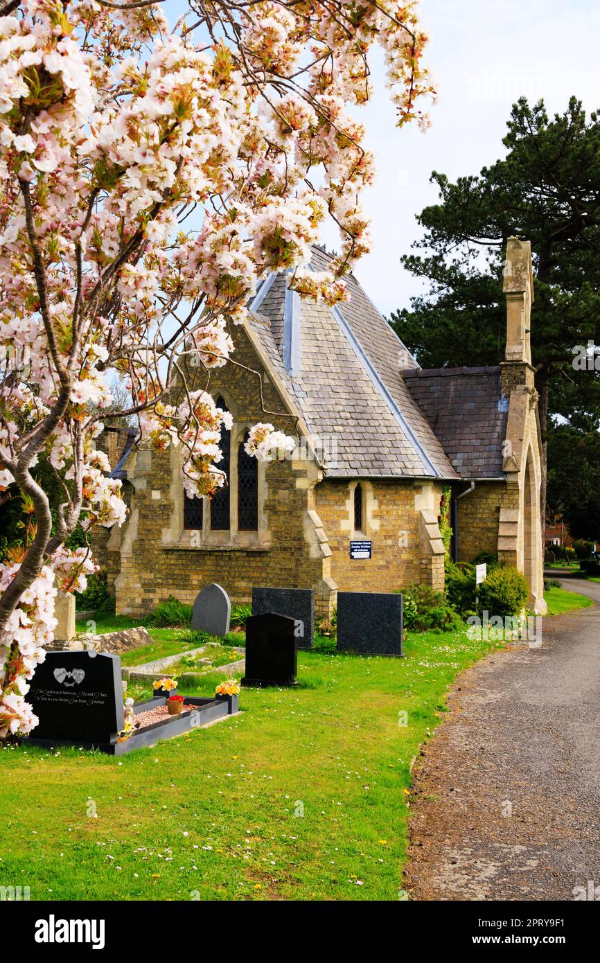 Eglise orthodoxe grecque, St Aethelhait's, East Chapel, cimetière de Louth, London Road, Capitale des Wolds. Ville de Louth, Lincolnshire, Angleterre. Blossom tr Banque D'Images