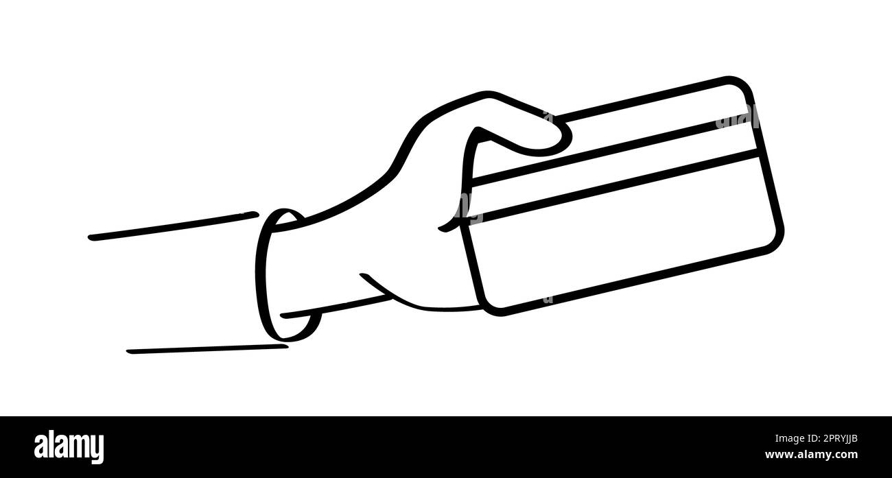 Pot-de-vin pictogramme de paiement. Main de dessin animé tenant une carte de crédit. Carte sans contact. Cartes de paiement. Cartes en plastique, paiements. Portefeuille, argent et main. Banque fi Banque D'Images