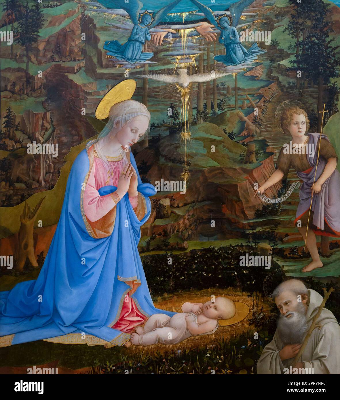 L'Adoration de l'Enfant Jésus avec le jeune Saint Jean-Baptiste, de St-Romuald, anges, les mains de Dieu le Père et le Saint-Esprit comme une colombe, Fíli Banque D'Images