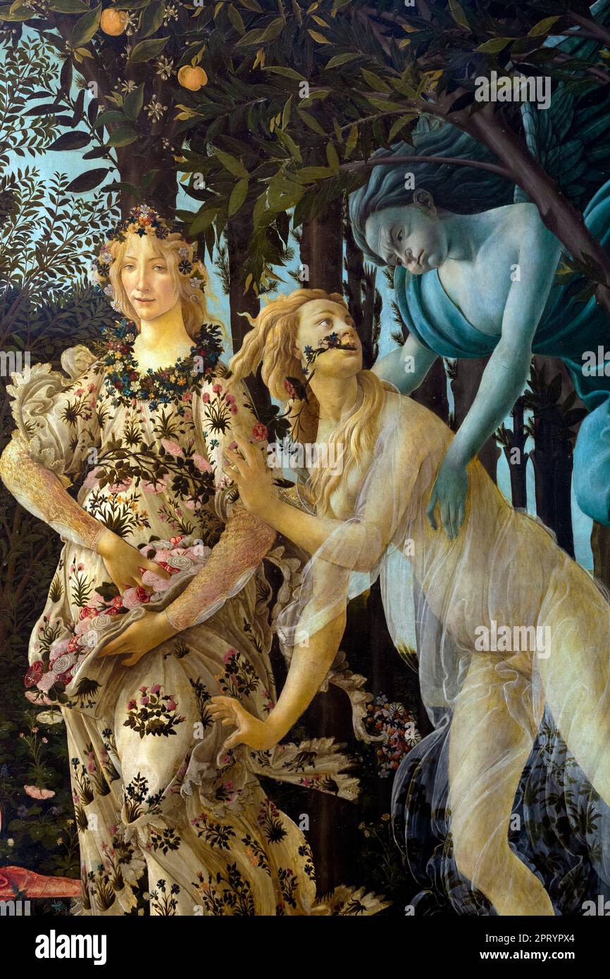 La flore, la déesse des fleurs et la saison du printemps, avec Chloris et Zéphyr, Primavera, printemps, détail, Sandro Botticelli, vers 1482, Galleria Banque D'Images