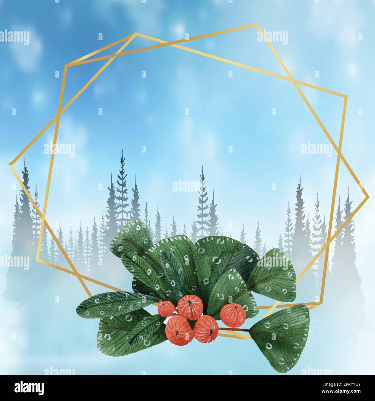 Noël botanique main cadre doré, feuilles, fleurs Illustration de Vecteur