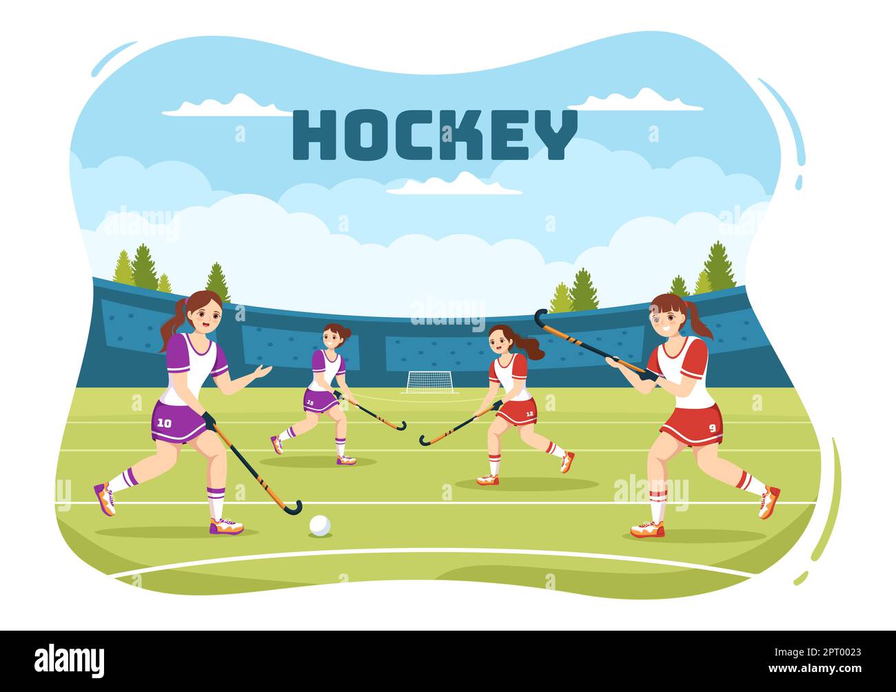 Joueur de hockey Sport avec Helmet, Stick, Puck et patins sur le terrain vert pour le jeu ou le championnat en dessin à la main de dessin à la main de dessin à la main Illustration Banque D'Images