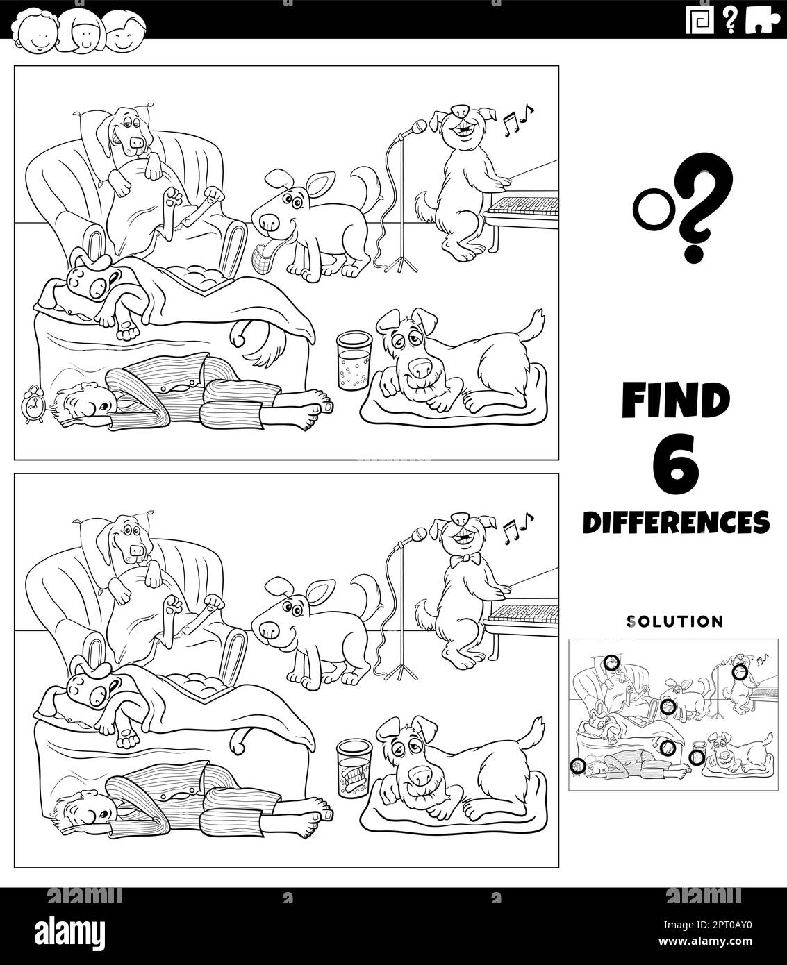 tâches de différences avec la page de coloriage de chiens de dessin animé Illustration de Vecteur