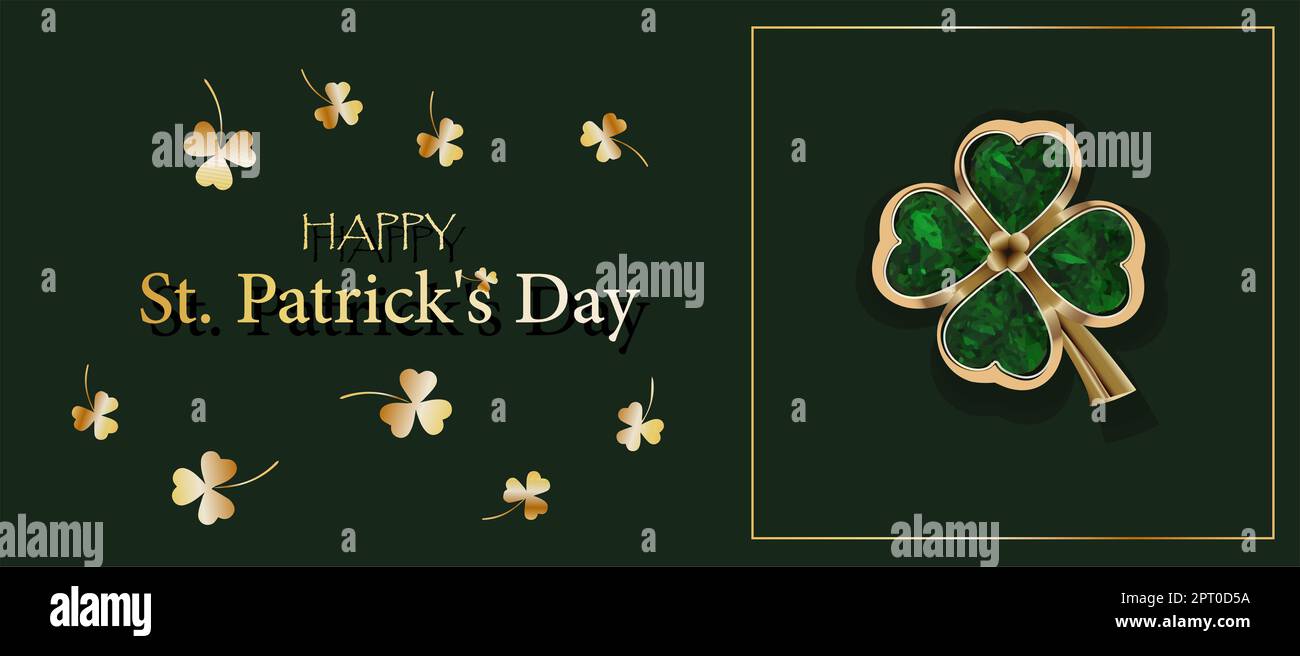 Cliquer SUR LA FEUILLE sur un arrière-plan vert. BIJOUX. Trèfle doré. Carte postale chic pour la Saint Patricks Day. Format horizontal. Banque D'Images