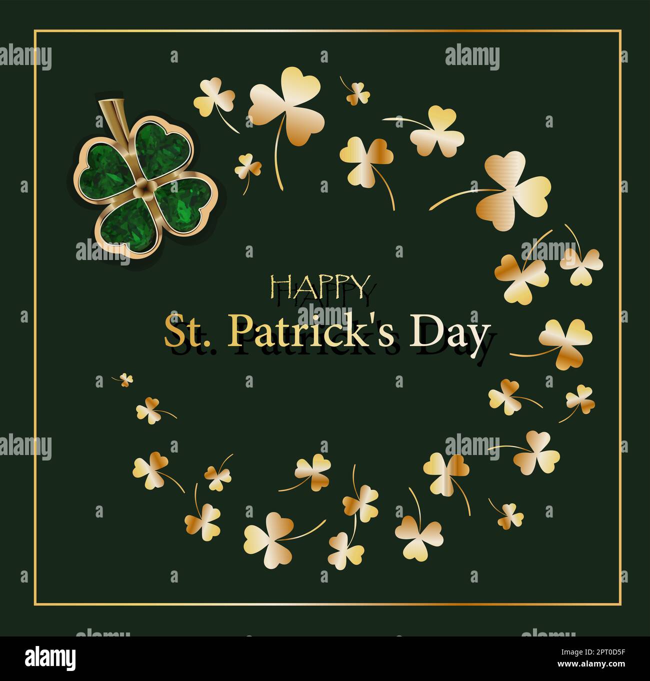 Cliquer SUR LA FEUILLE sur un arrière-plan vert. BIJOUX. Trèfle doré. Carte postale chic pour la Saint Patricks Day Banque D'Images