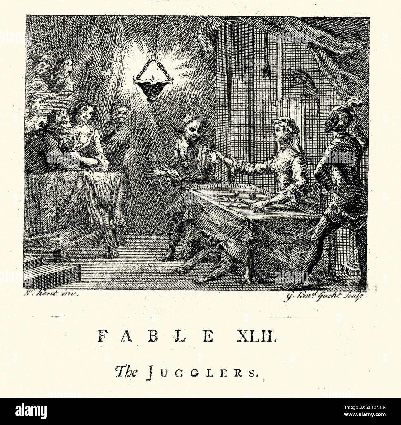 Vintage illustration Fable des jongleurs, femme exécution de sleight de tours de main, spectacle magique, 18th siècle. Des Fables de John gay Banque D'Images