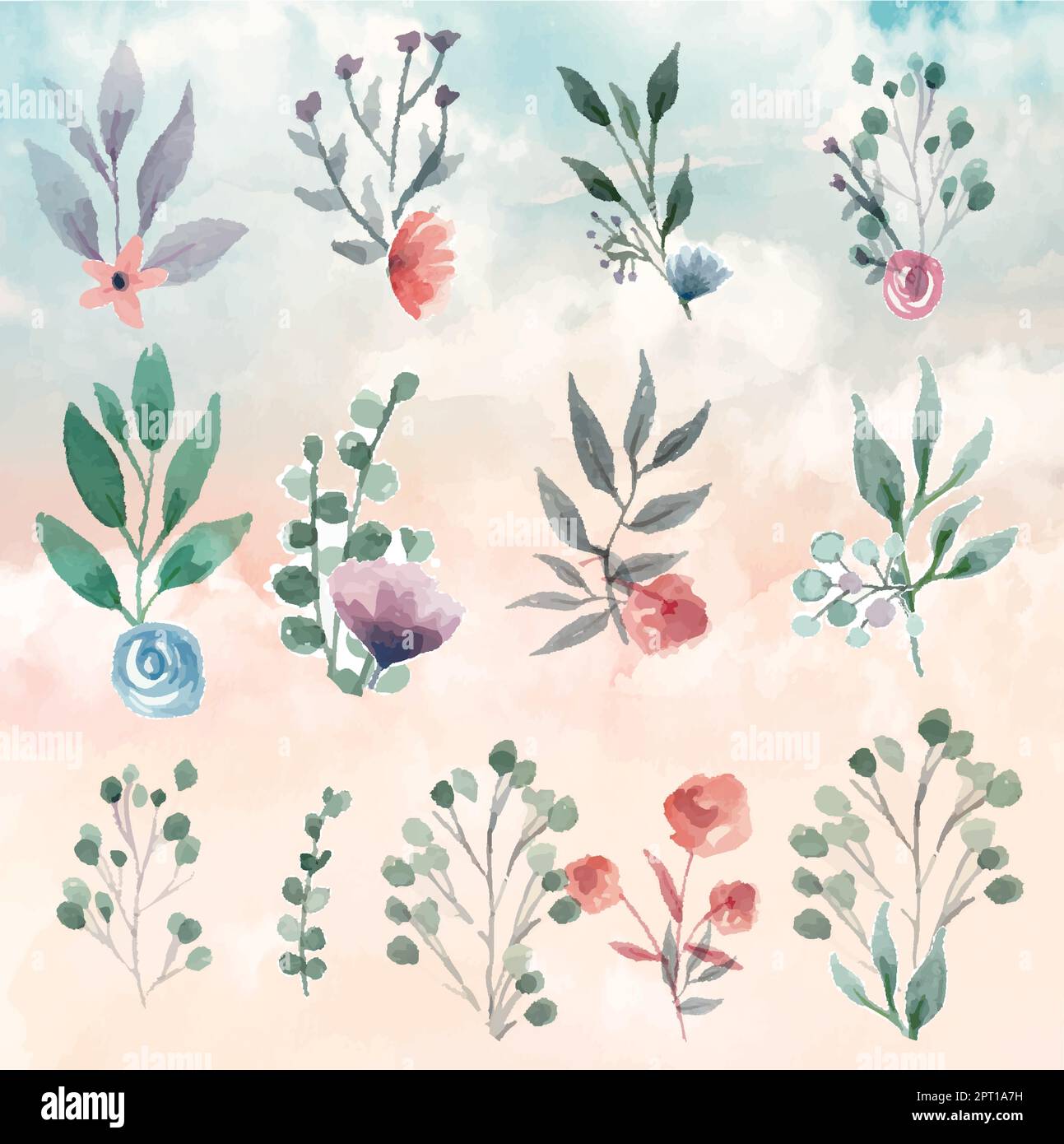 Assortiment de feuilles et de fleurs aquarelles Illustration de Vecteur