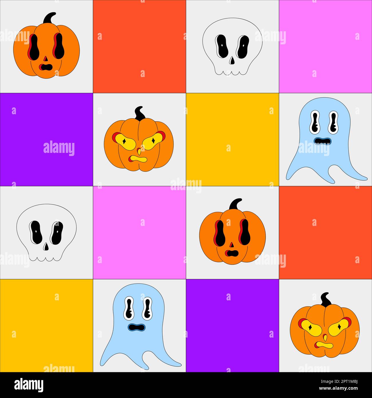 Motif Halloween sans coutures. Personnages effrayants et colorés sur un arrière-plan à carreaux lumineux. Citrouilles, fantômes, crâne humain. Illustration d'un dessin animé effrayant. Papier peint, impression sur les vêtements, papier d'emballage Illustration de Vecteur
