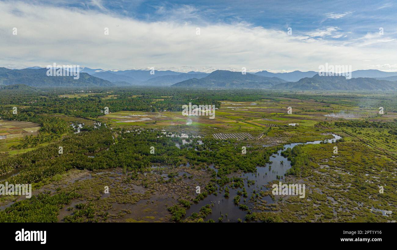 Terres agricoles et montagnes au ciel bleu. Sumatra. Indonésie. Banque D'Images