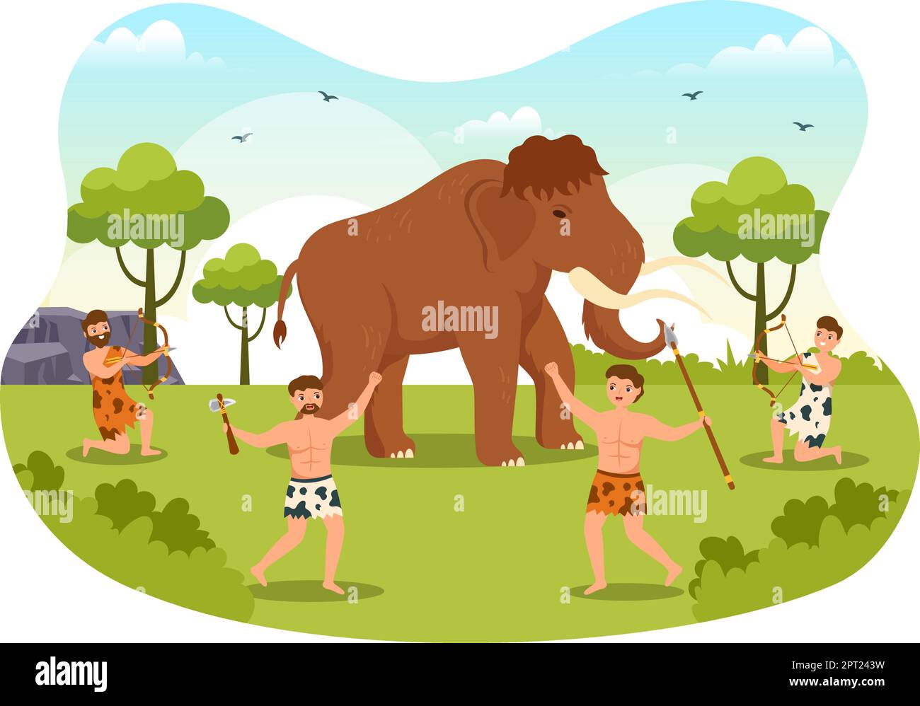 Tribes de l'âge de pierre préhistorique chasse de grands animaux avec arme dans un dessin à la main de dessin de dessin à plat Illustration Illustration de Vecteur