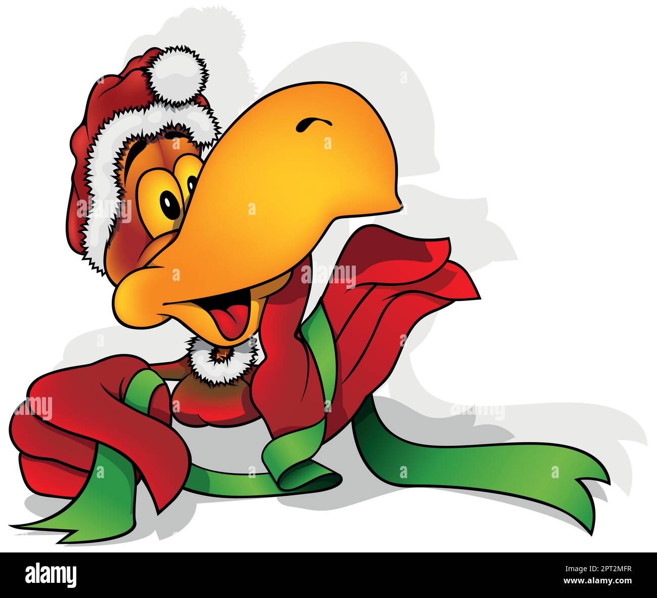 Perroquet avec un grand bec comme le Père Noël avec un ruban décoratif vert Illustration de Vecteur