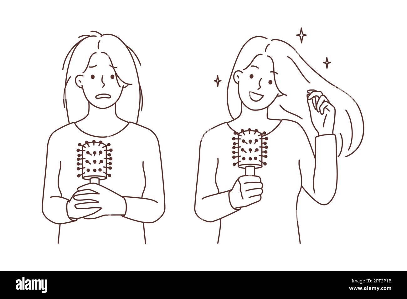 Jeune femme avant et après le traitement des cheveux. Client féminin montrant le résultat des procédures du salon de coiffure. Concept de beauté. Illustration vectorielle. Banque D'Images Jeune femme avant et après le traitement des cheveux. Client féminin montrant le résultat des procédures du salon de coiffure. Concept de beauté. Illustration vectorielle. Banque D'Images