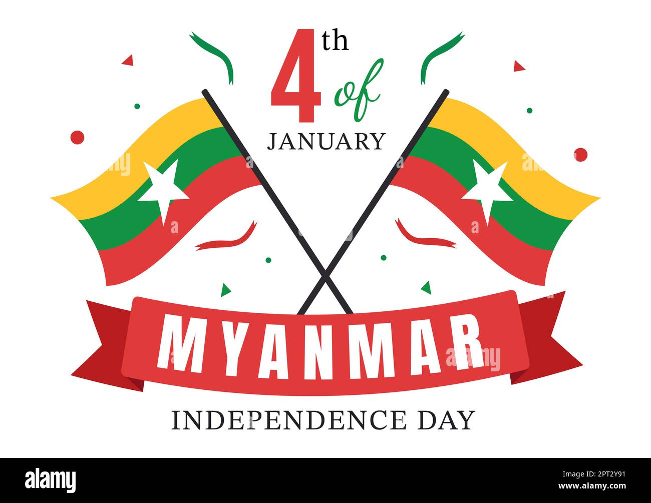 Célébration de la Journée de l'indépendance du Myanmar à 4 janvier avec drapeaux sur fond de dessin animé Illustration des modèles dessinés à la main Banque D'Images