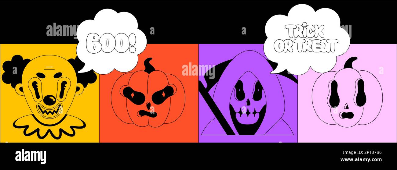 Fête d'Halloween. Personnages fantaisie noirs dans des cadres lumineux. Clown, citrouilles, couche sinistre. Bouh et trick ou traiter le lettrage dans les bulles de parole. Portraits effrayants de dessins animés. Contour noir Illustration de Vecteur