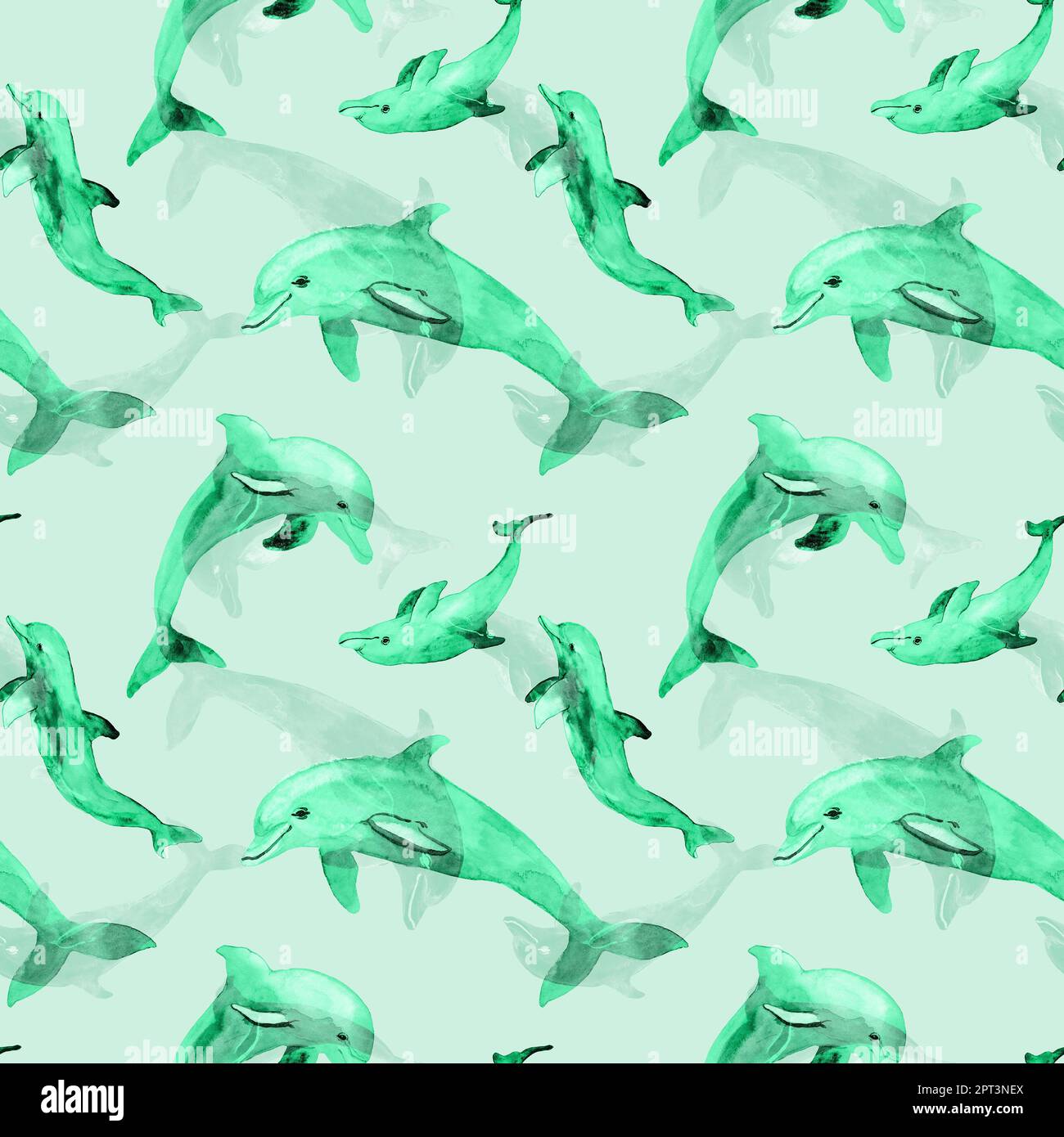 Motif aquarelle sans couture avec dauphins bleus. Fond animal adapté à l'océan. Imprimé textile moderne avec dauphin dessiné à la main, éclaboussures d'eau, gouttes. Banque D'Images