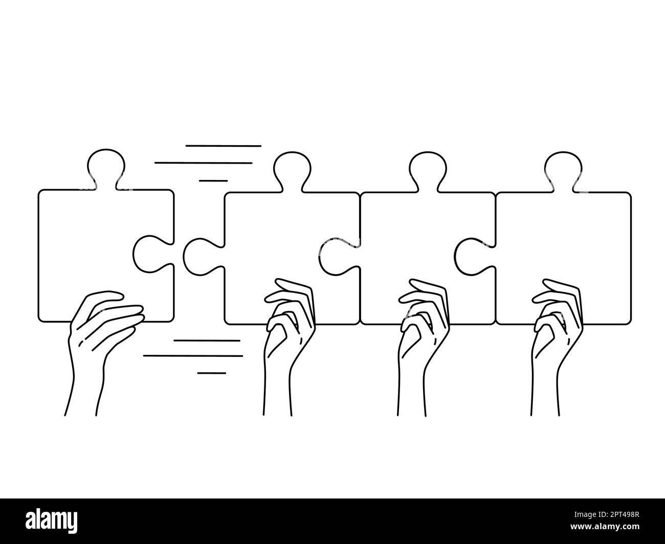Les mains des gens avec des puzzles colorés relient les pièces ensemble. Collègues engagés dans des activités de cohésion d'équipe. Concept de travail d'équipe. Illustration vectorielle. Banque D'Images
