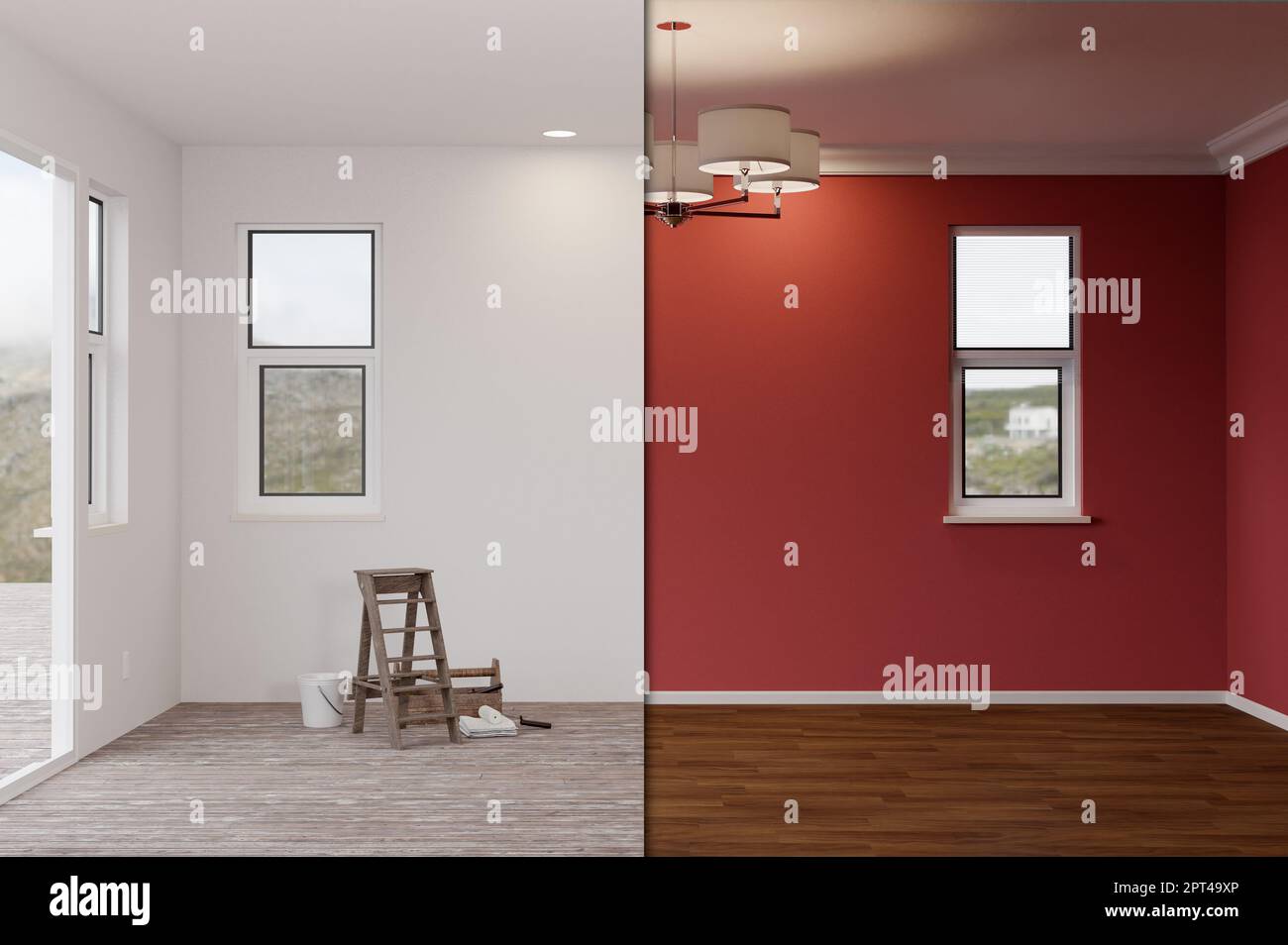3D Illustration de la pièce de maison brute non finie et récemment rénovée avant et après avec planchers en bois, moulures, peinture rouge foncé et plafonniers. Banque D'Images