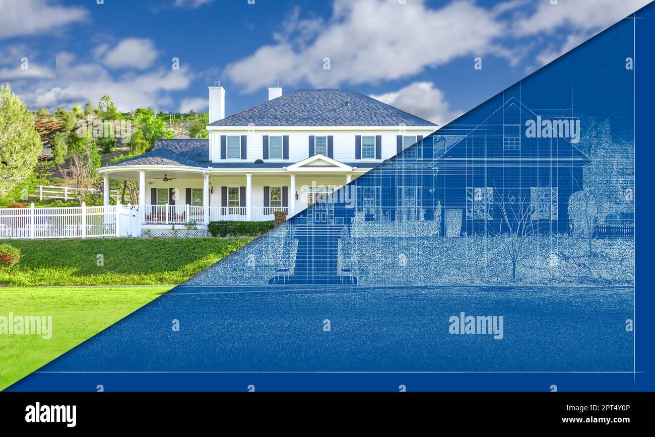 Avant et après de Custom House Blueprint dessin à la construction finie. Banque D'Images