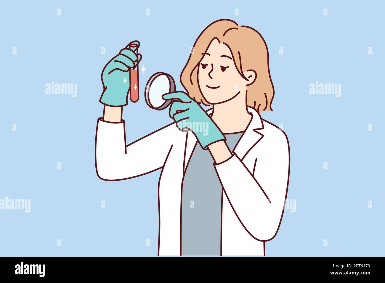 Femme scientifique en uniforme médical blanc tube d'exploration avec loupe. Femme chercheuse analyse des échantillons de laboratoire avec loupe. Vecteur illu Banque D'Images