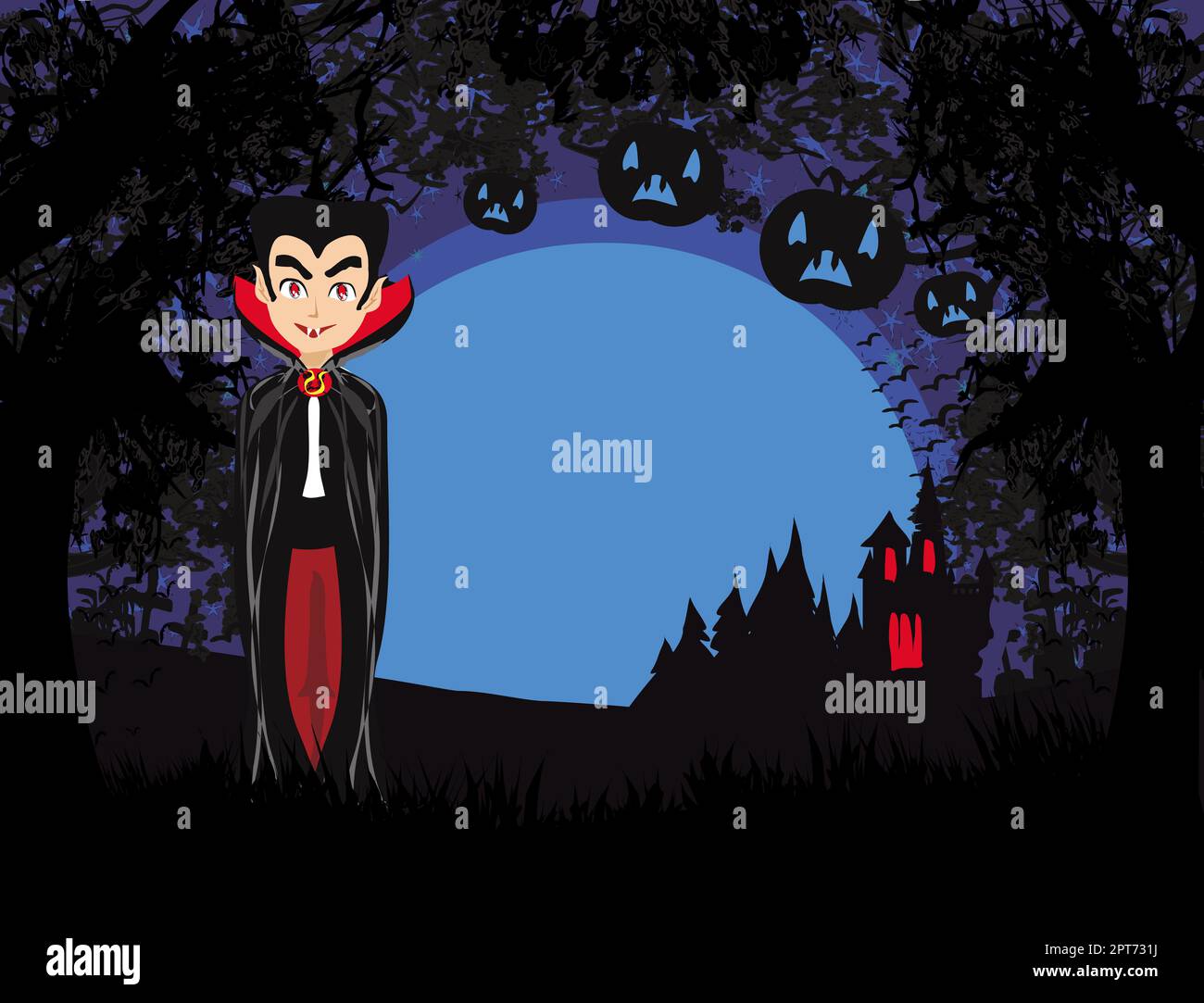 Dessin animé Vampire avec un château hanté pendant la pleine lune, carte  avec espace pour le texte Photo Stock - Alamy