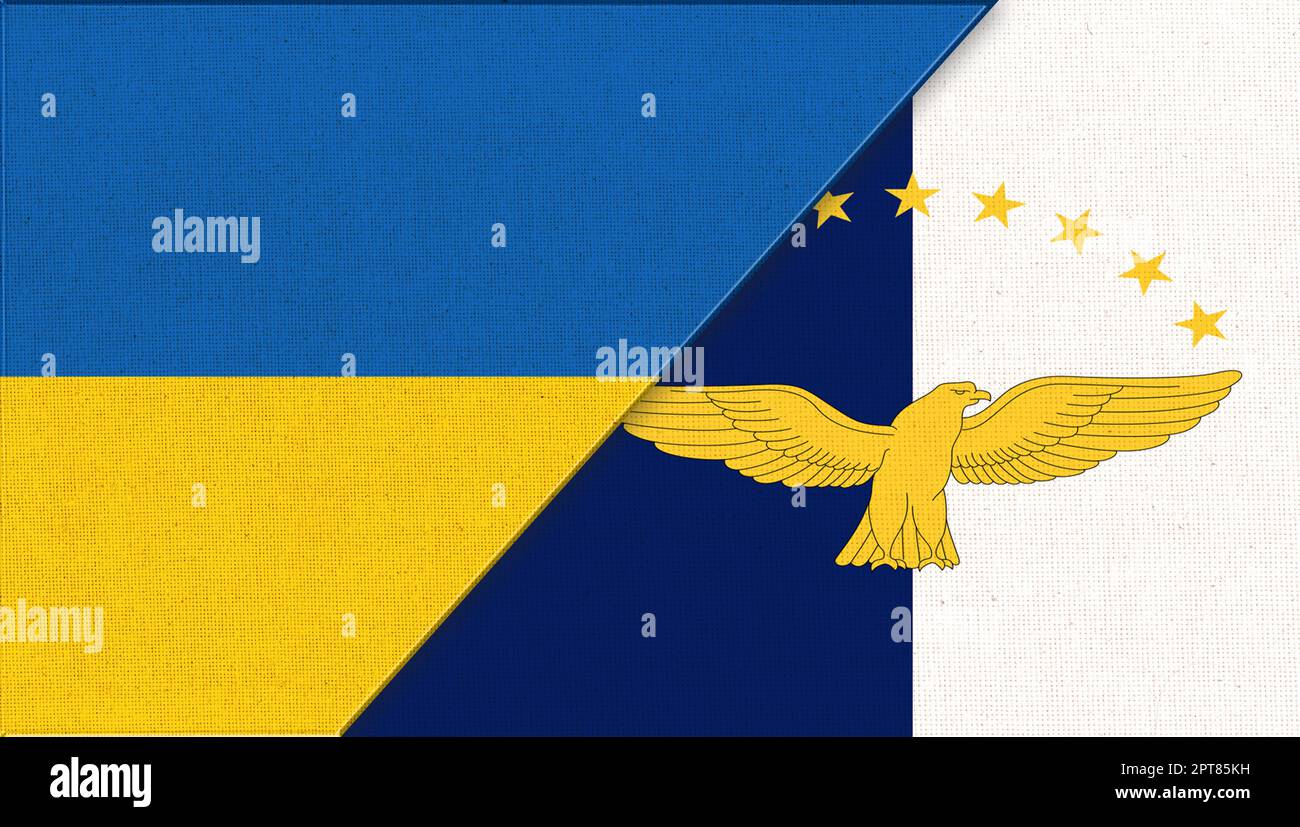 Drapeau de l'Ukraine et des Açores - 3D illustration. Deux drapeaux ensemble - texture de tissu. Pays européen. Symboles nationaux de l'Ukraine et des Açores. Île de cou Banque D'Images