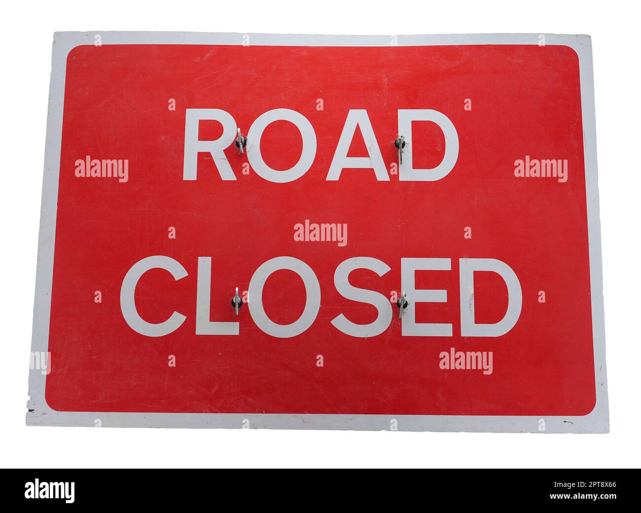 panneau de route fermée, blanc sur fond rouge isolé sur fond blanc Banque D'Images