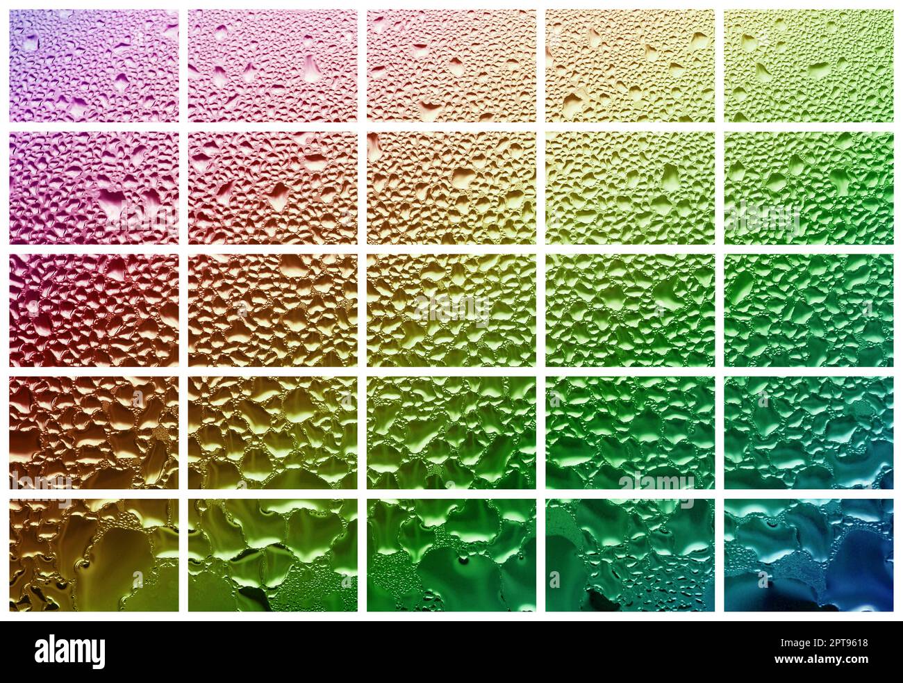 Un collage de plusieurs fragments de verre, décoré avec des gouttes de pluie des condensats. Couleurs arc-en-ciel Banque D'Images