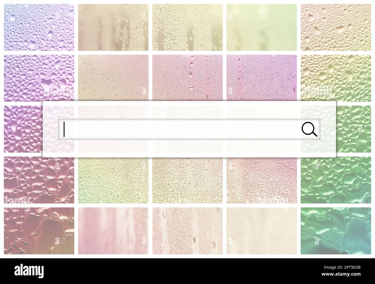 Le champ de recherche est situé en haut du collage de plusieurs fragments de verre, décoré avec des gouttes de pluie des condensats. Couleurs arc-en-ciel Banque D'Images
