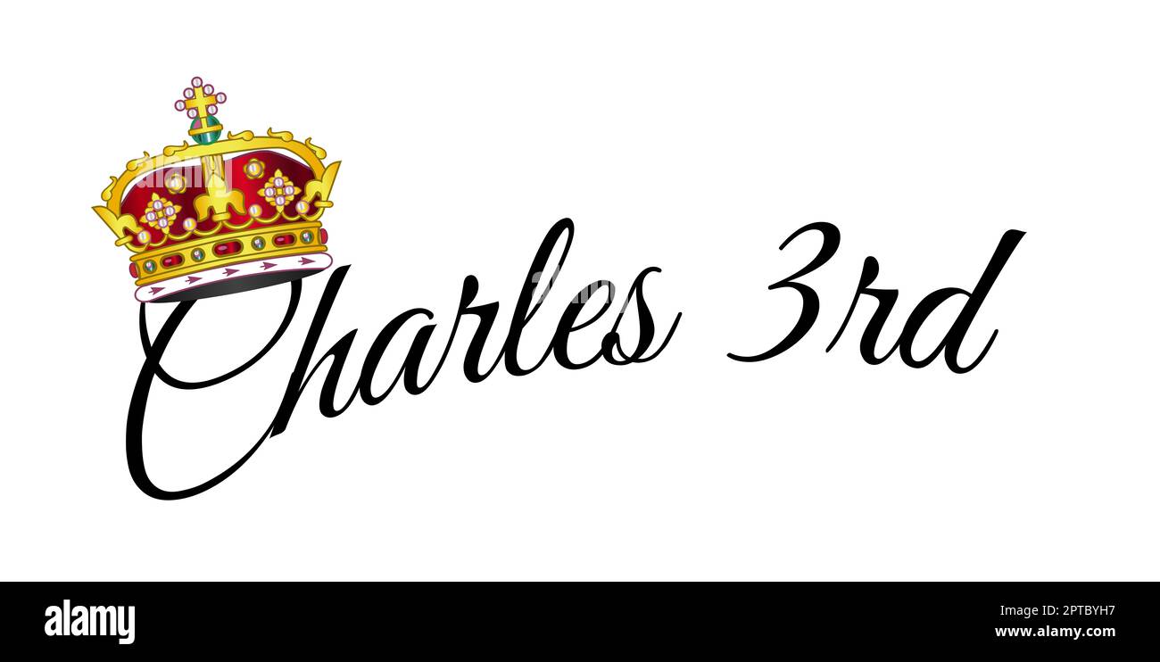 Charles le troisième script avec couronne dorée sur fond blanc Banque D'Images