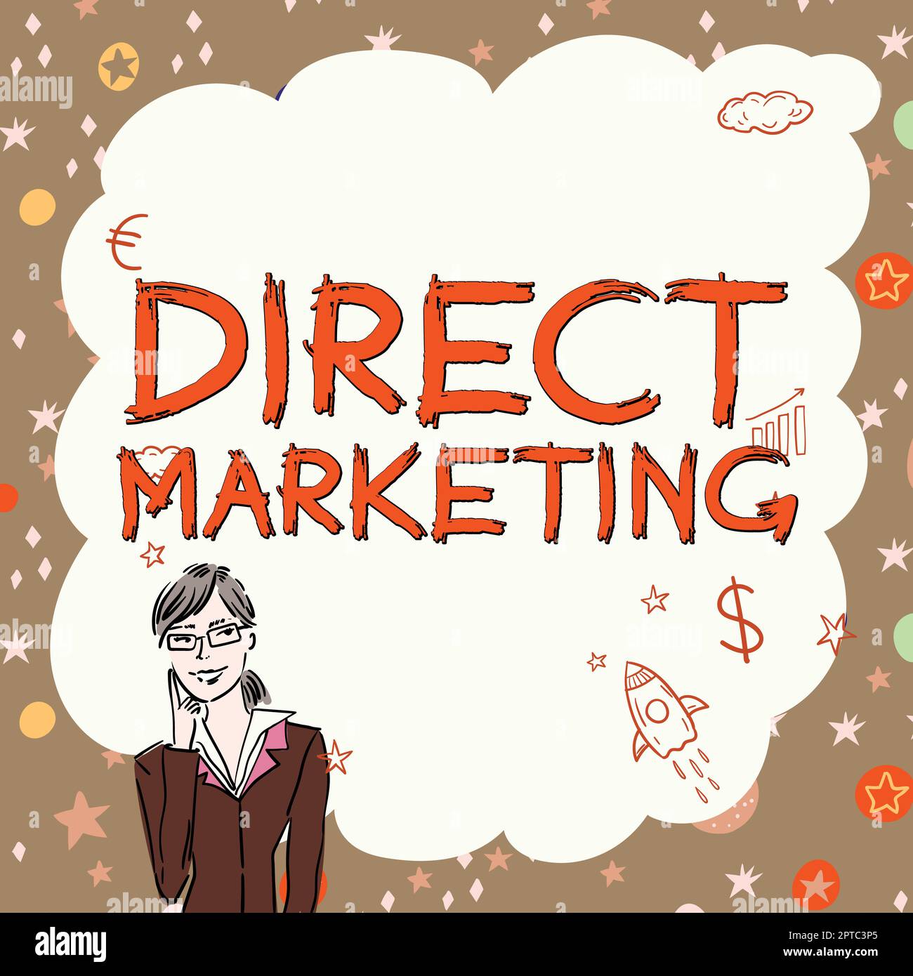 Texte d'écriture Marketing direct, Business overview affaires de la vente de services directement au public Illustration de la pensée de Dame profondément seul FO Banque D'Images