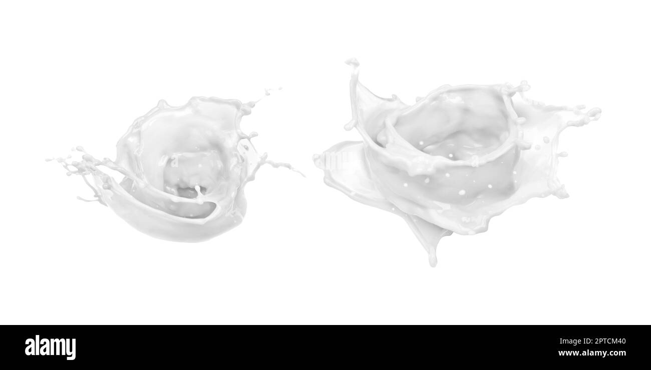 gouttes de lait isolées et éclaboussures sur fond blanc Banque D'Images