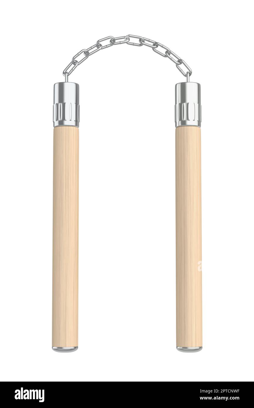 Nunchaku en bois avec chaîne métallique, isolé sur fond blanc Banque D'Images