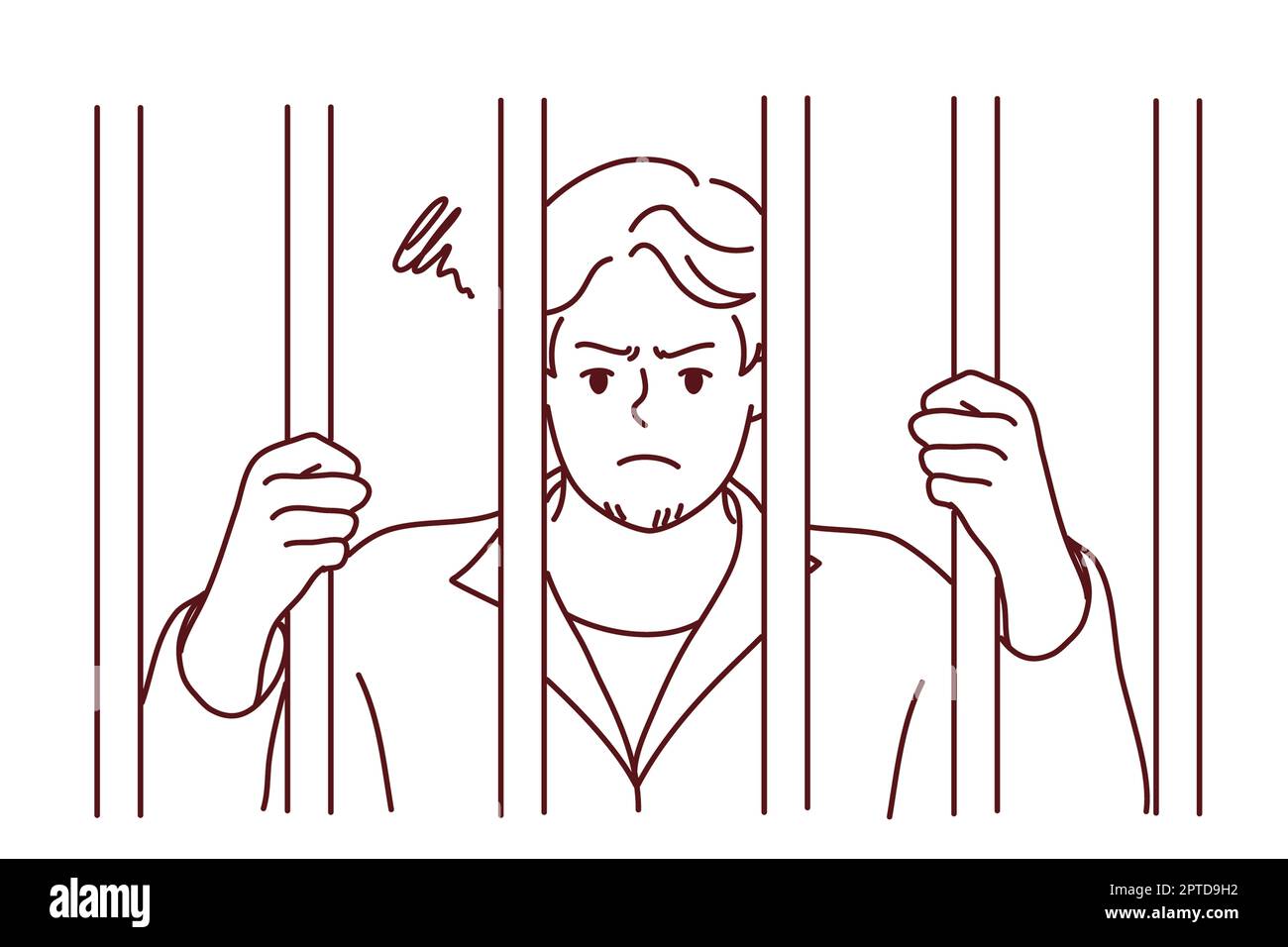 Homme malheureux en robe derrière les bars en prison. Criminel masculin en colère emprisonné pour crime ou délit. Emprisonnement et peine. Illustration vectorielle. Banque D'Images