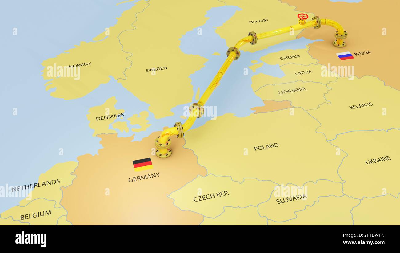 3D rendu du gazoduc Nord Stream 2 émergeant sur la carte de l'Europe reliant la Russie et l'Allemagne à travers la mer Baltique, graphique de 2D Banque D'Images