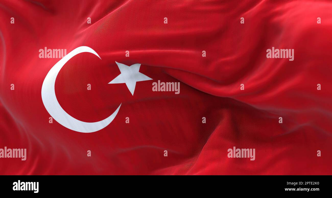 Vue rapprochée du drapeau national de la Turquie qui agite. La République de Turquie est un pays transcontinental. Arrière-plan texturé en tissu. Mise au point sélective. 3 Banque D'Images