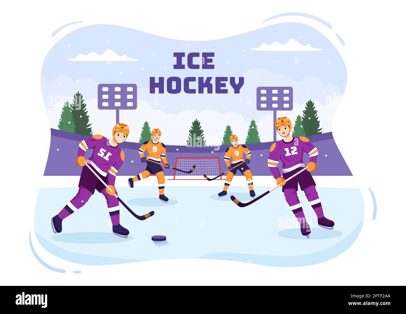 Joueur de hockey sur glace Sport avec Helmet, Stick, Puck et patins à la surface de glace pour le jeu ou le championnat en dessin à la main de dessin à plat de dessin à la main Illustration Banque D'Images