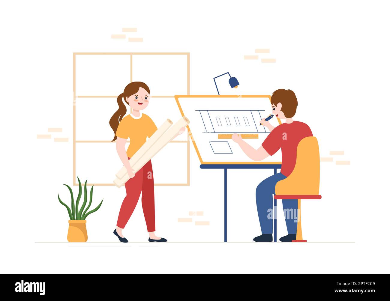 Dessin, ingénieur ou architecte travaillant sur la projection et la dépouille d'un plan de dessin sur un dessin animé dessin animé Illustration des modèles dessinés à la main Banque D'Images