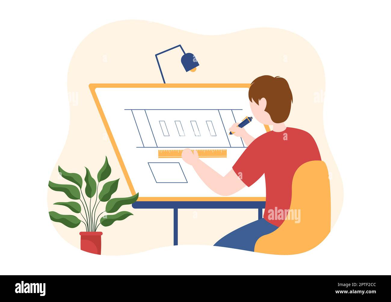 Dessin, ingénieur ou architecte travaillant sur la projection et la dépouille d'un plan de dessin sur un dessin animé dessin animé Illustration des modèles dessinés à la main Banque D'Images