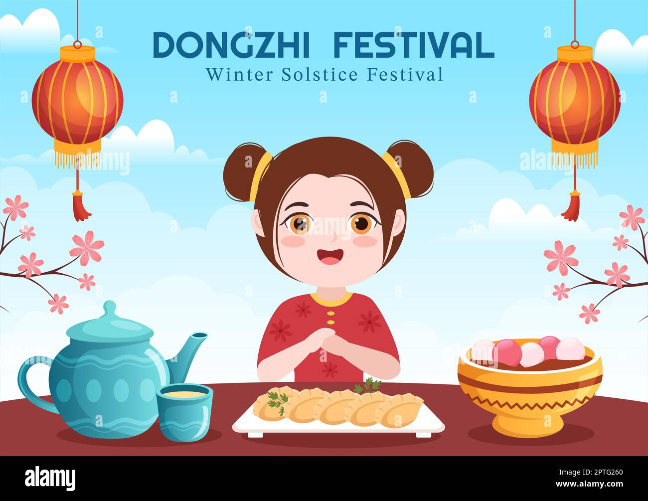 Dongzhi ou Winter Solstice Festival modèle dessin main dessin dessin dessin dessin animé dessin animé dessin animé par la famille appréciant la cuisine chinoise Tangyuan et Jiaozi concept Banque D'Images